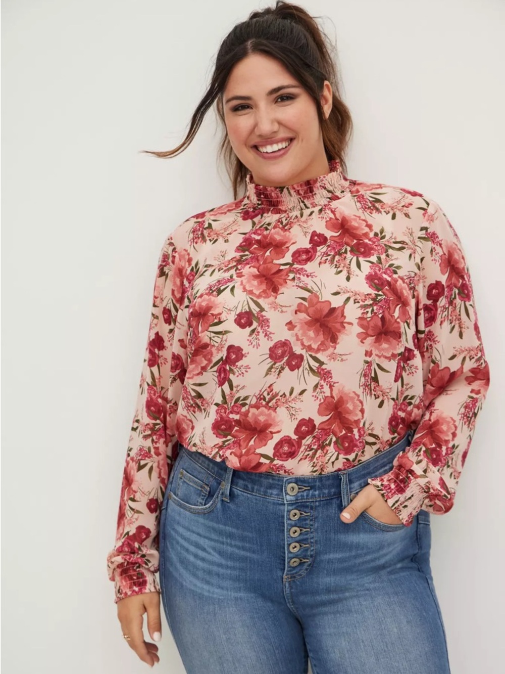 torrid Pink Floral Smocked Mock Neck Blouse